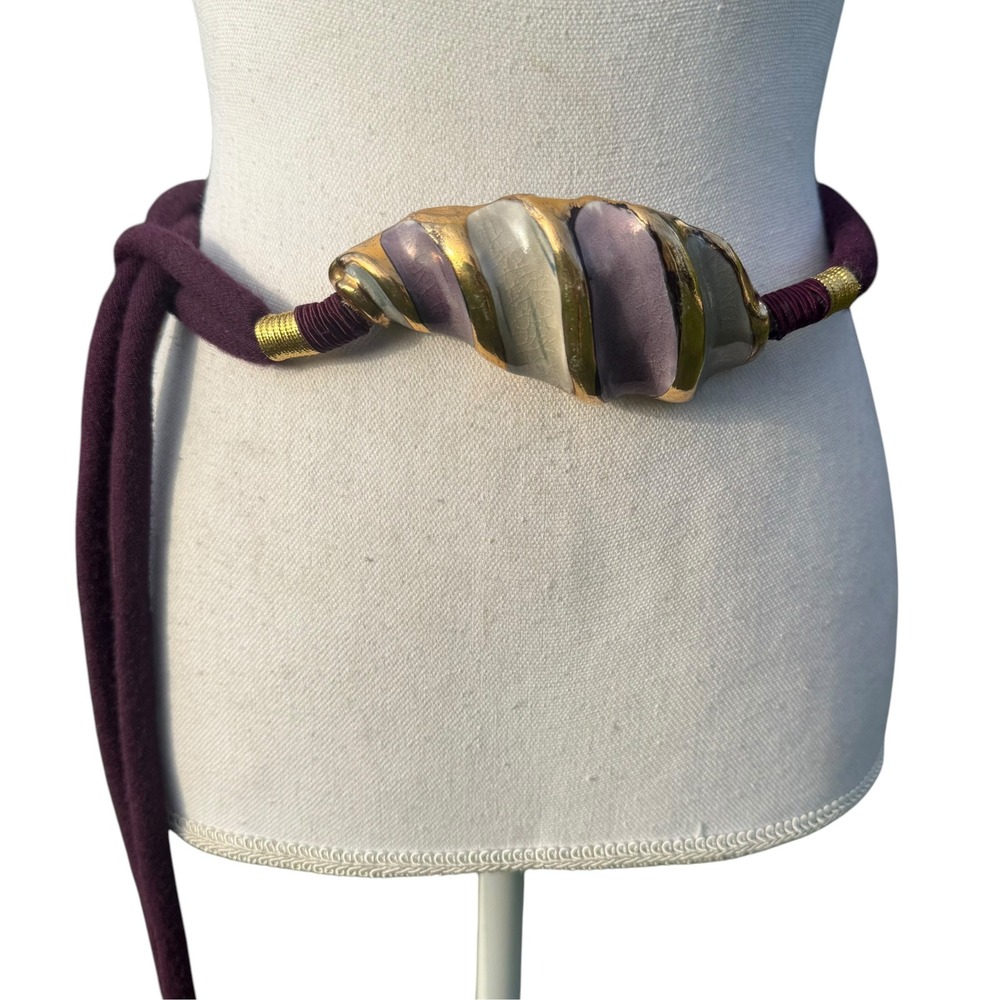 Vintage Artisan Ceramic Shell Rope Belt Purple Gold Glazed Sculptural Tie Belt